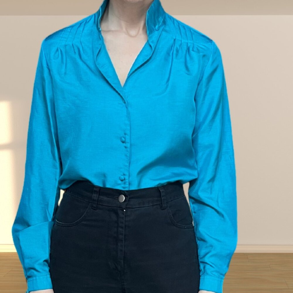 Vintage Teal Button Front Blouse Pleated Shoulders Long Sleeve